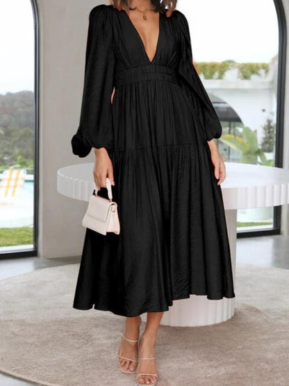 Deep V-Neck Balloon Sleeve Plain Maxi Dress [Spirit and Rebel] Black S 