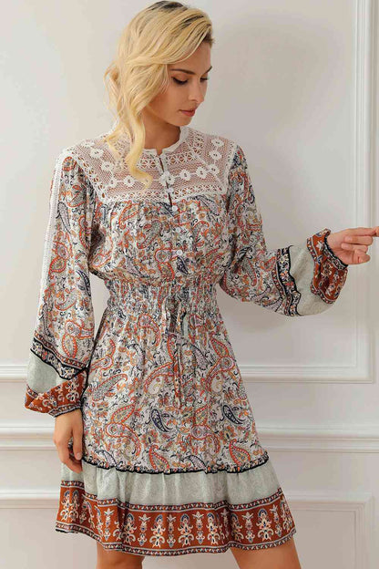 Printed Lace Detail Balloon Sleeve Dress [Spirit and Rebel]   