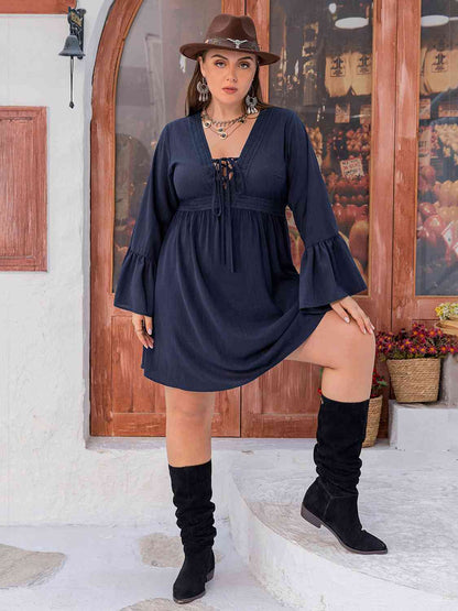 Plus Size Tie Front V-Neck Flare Sleeve Dress [Spirit and Rebel]   