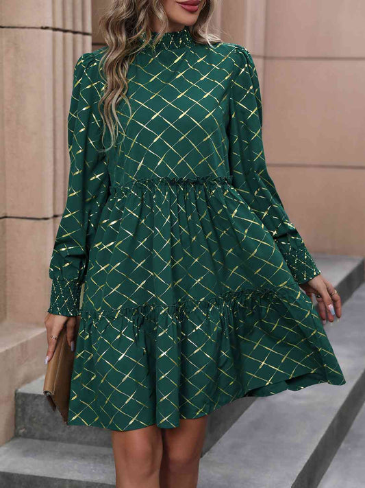 Mock Neck Frill Trim Mini Dress [Spirit and Rebel] Green S 