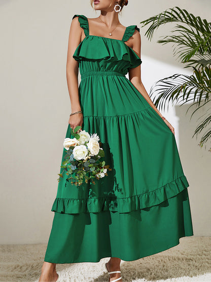 Square Neck Ruffled Maxi Dress [Spirit and Rebel] Green XS 