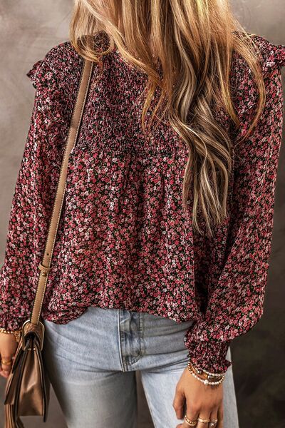 Ruffled Floral Waffle-Knit Blouse [Spirit and Rebel] Multicolor S 