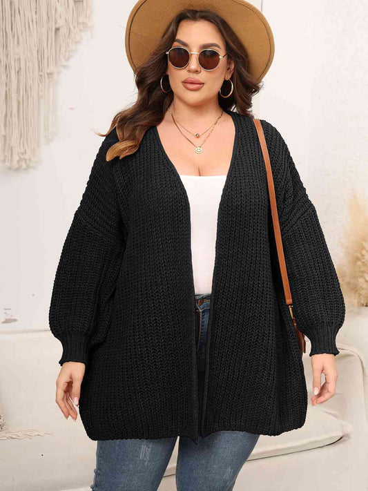 Plus Size Open Front Dropped Shoulder Knit Cardigan [Spirit and Rebel] Black 1XL 