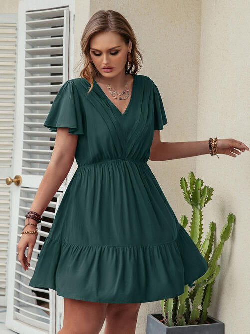 Double Take Plus Size Ruffle Hem V-Neck Short Sleeve Dress [Spirit and Rebel] Green 0XL 