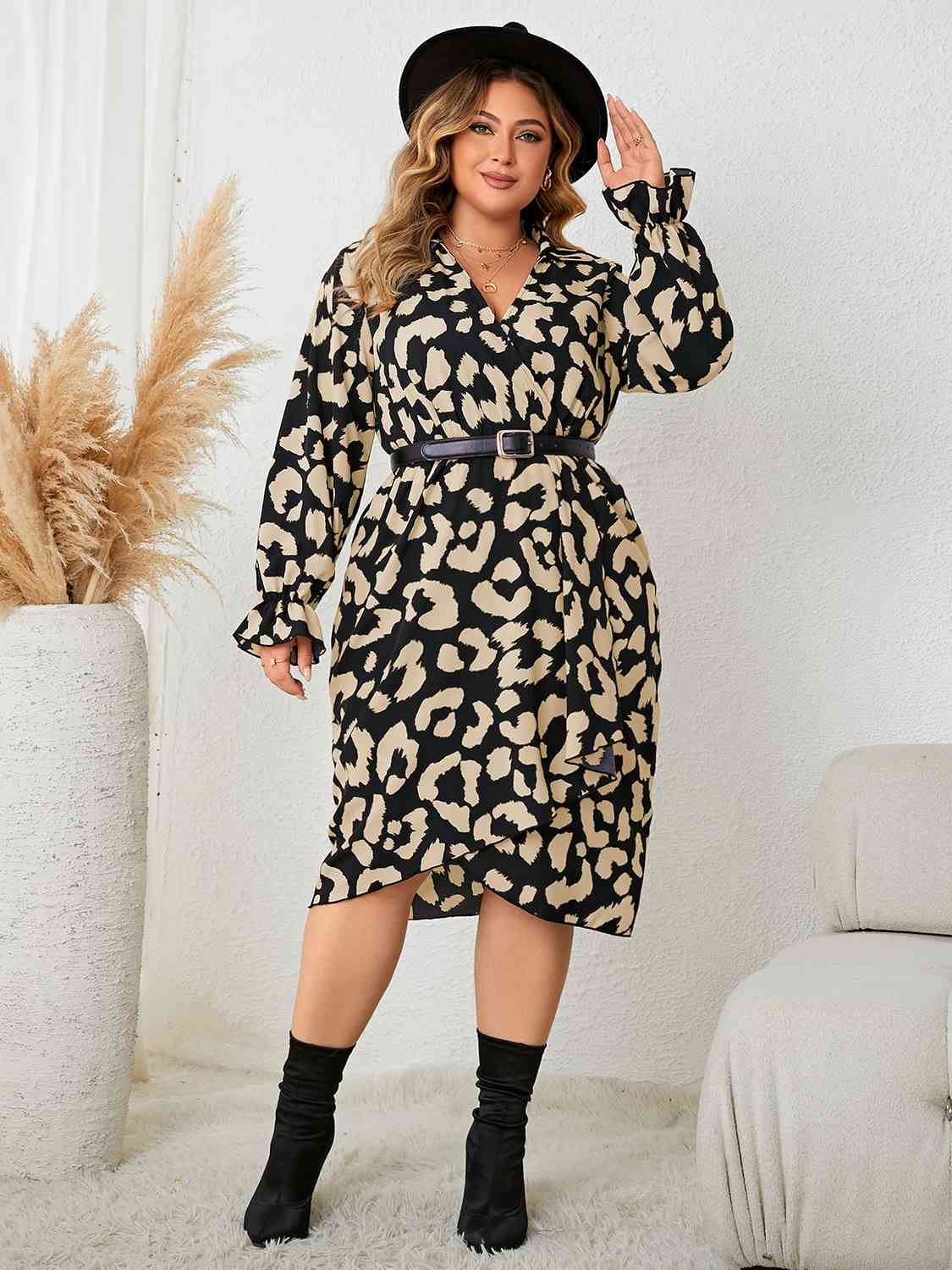 Plus Size Leopard Surplice Neck Flounce Sleeve Dress [Spirit and Rebel]   