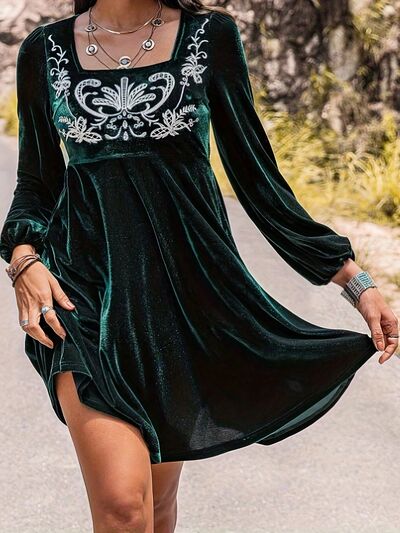 Printed Square Neck Long Sleeve Mini Dress [Spirit and Rebel]   