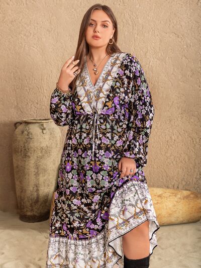 Boho Plus Size V-Neck Balloon Sleeve Printed Midi Dress [Spirit and Rebel]   