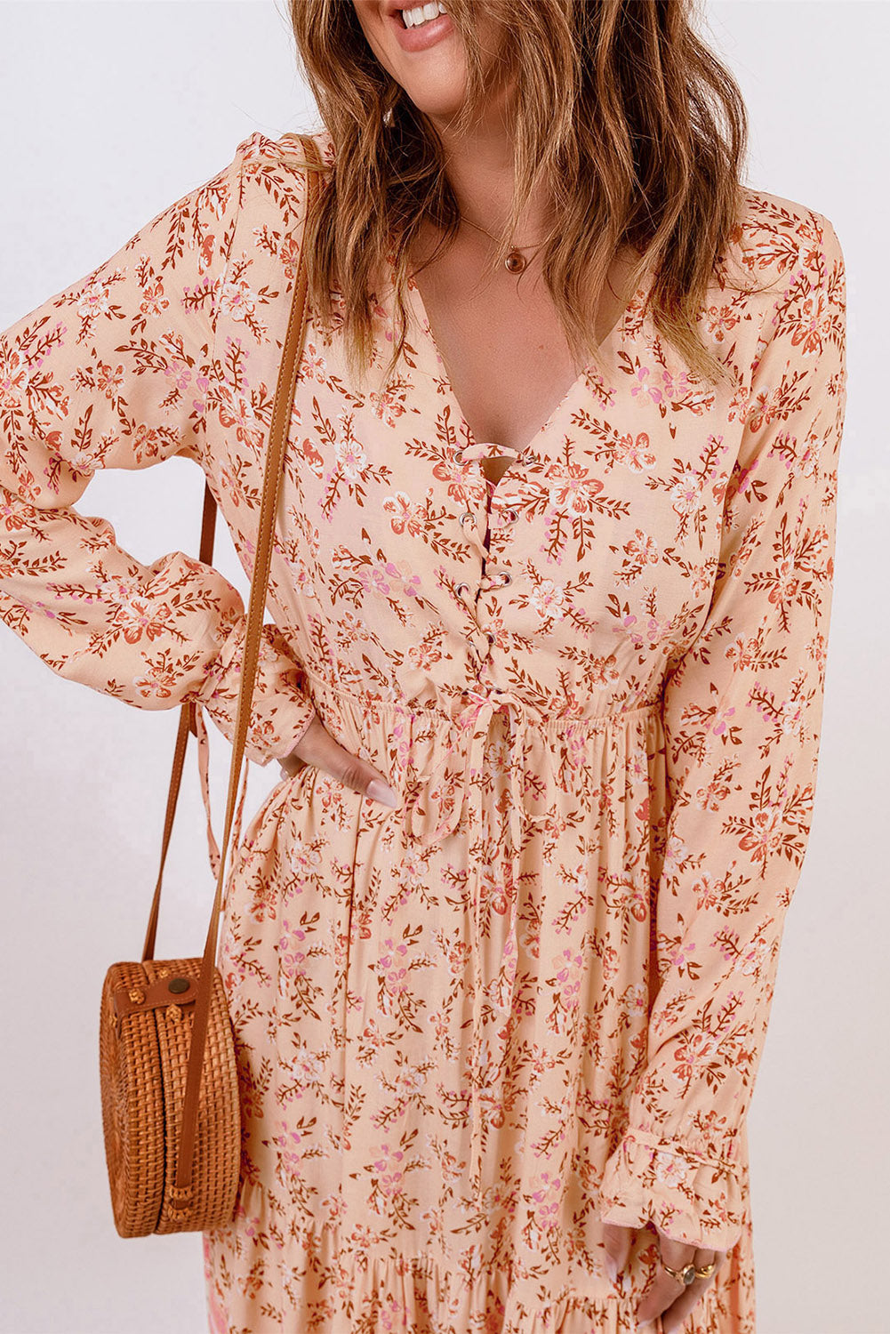 Bohemian Lace-Up Long Sleeve Maxi Dress [Spirit and Rebel]   