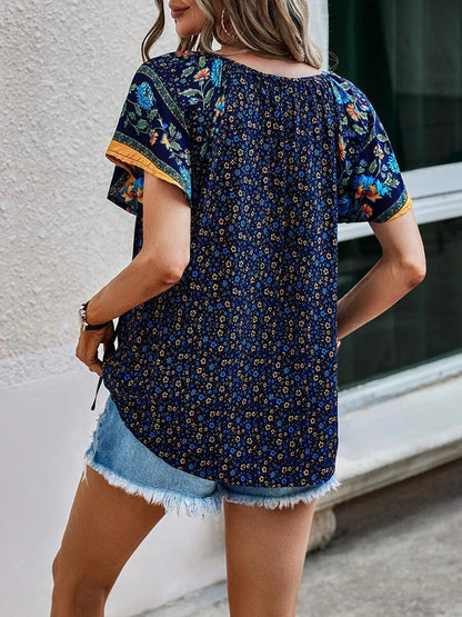 Printed Short Sleeve Tie Neck Blouse [Spirit and Rebel]   