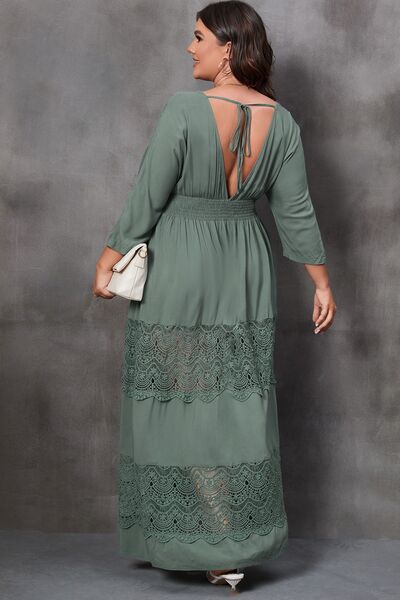 Plus Size Tied V-Neck Smocked Crochet Maxi Dress [Spirit and Rebel]   