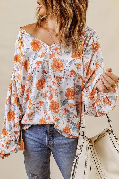 Floral Tie Neck Balloon Sleeve Blouse [Spirit and Rebel]   