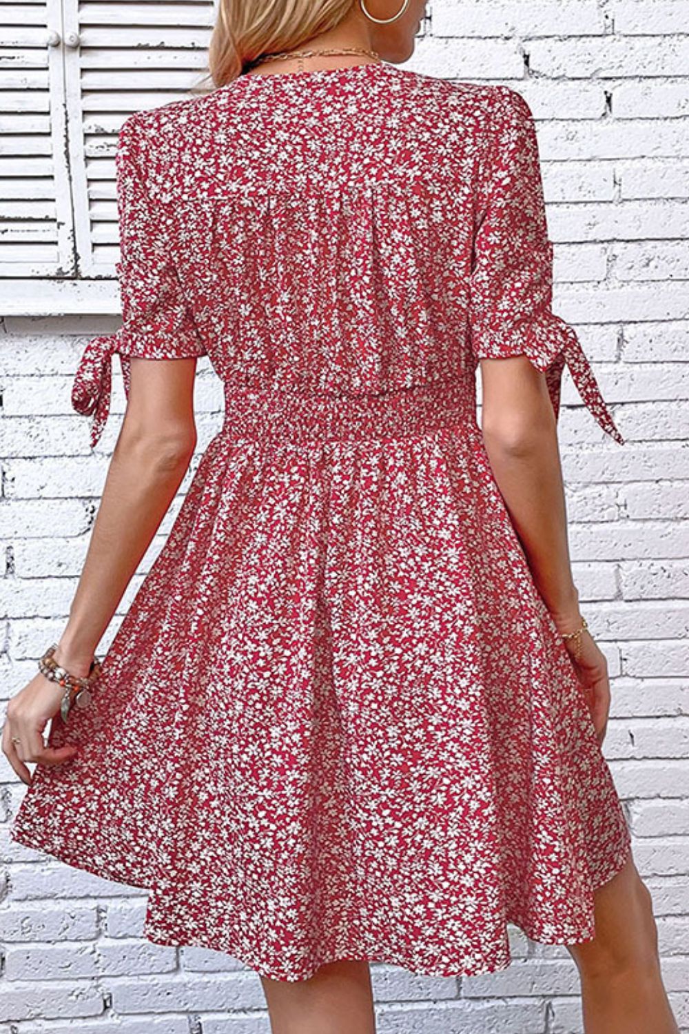 Ditsy Floral Tied Puff Sleeve Button Front Boho Dress [Spirit and Rebel]   