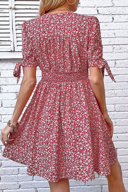 Ditsy Floral Tied Puff Sleeve Button Front Boho Dress [Spirit and Rebel]   