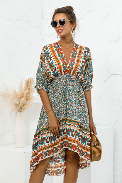 Printed Bohemian V Neck Dress [Spirit and Rebel] Apricot S 