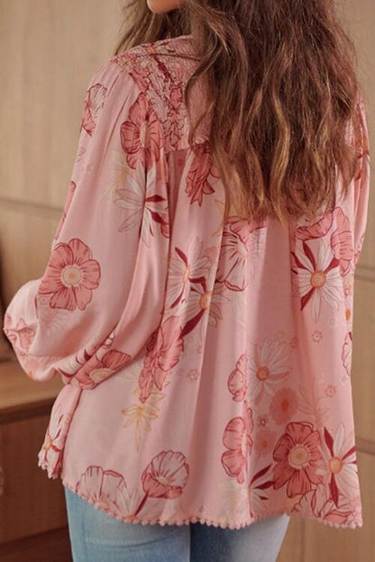 Floral Smocked Tassel Tie Balloon Sleeve Blouse [Spirit and Rebel]   