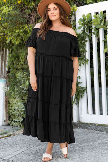 Plus Size Off-Shoulder Ruffle Trim Maxi Dress [Spirit and Rebel] Black 1X 