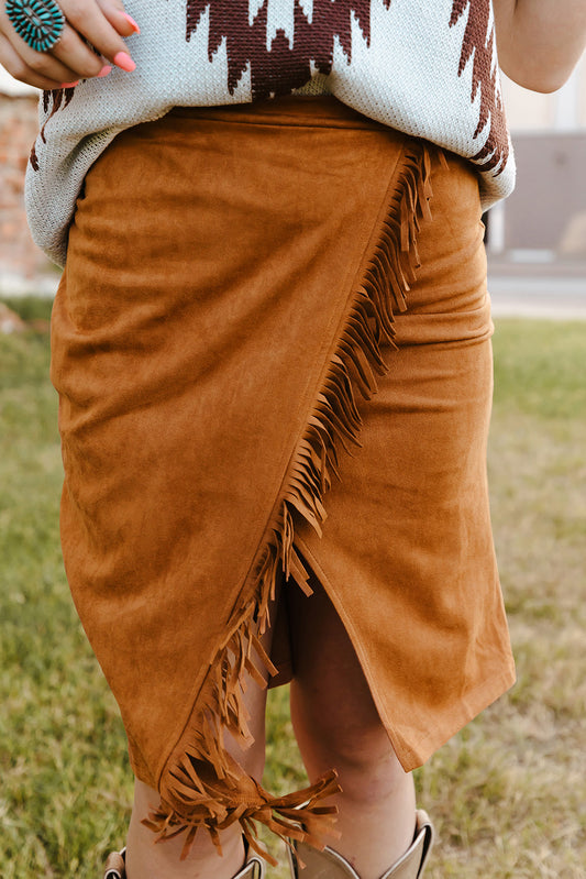 Boho Fringe Trim Wrap Skirt [Spirit and Rebel] Brown S 