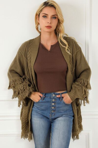 Cable-Knit Fringe Pocketed Cardigan [Spirit and Rebel]   