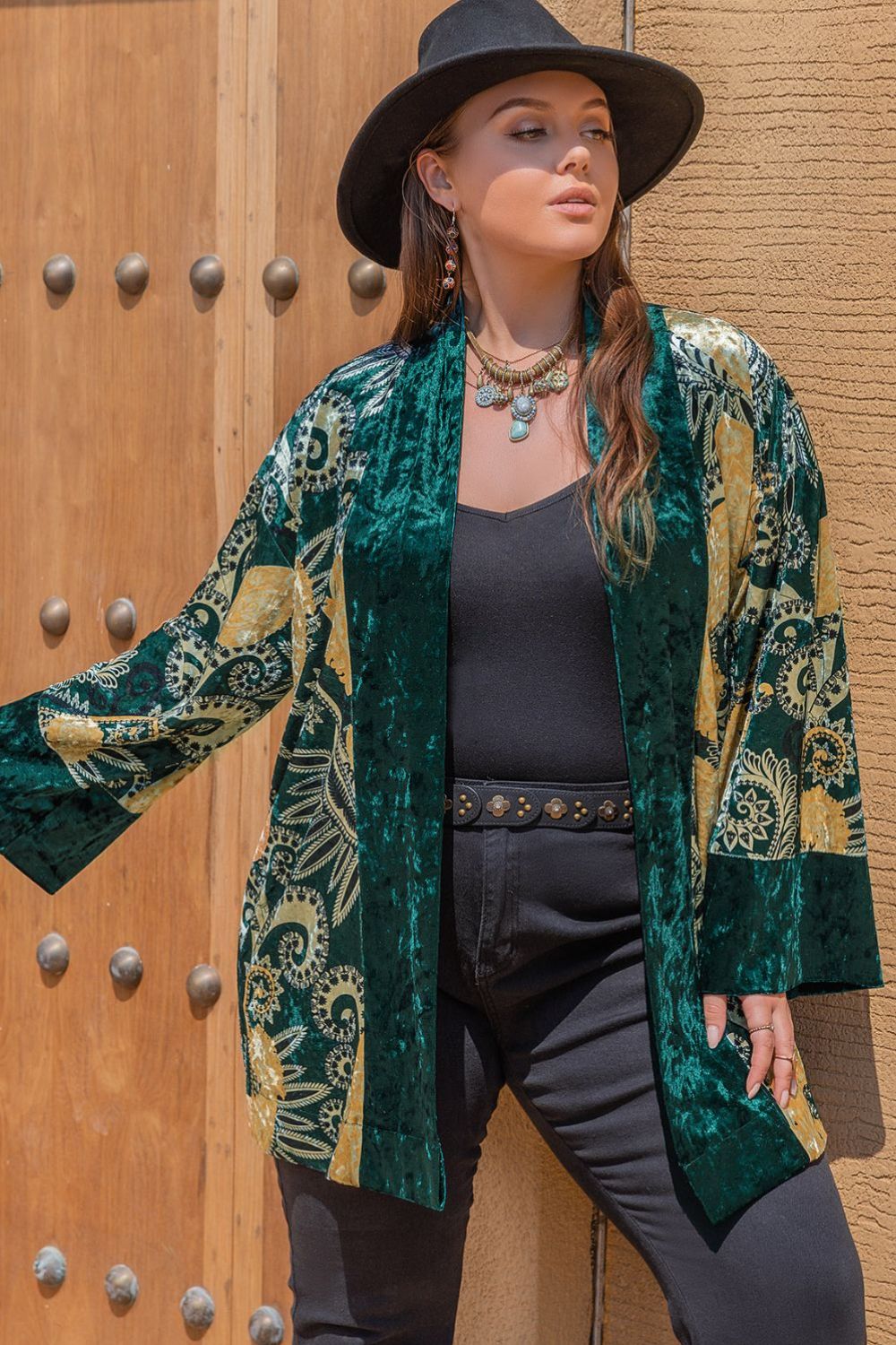 Boho Plus Size Open Front Bohemian Style Long Sleeve Cardigan [Spirit and Rebel] Green XL 