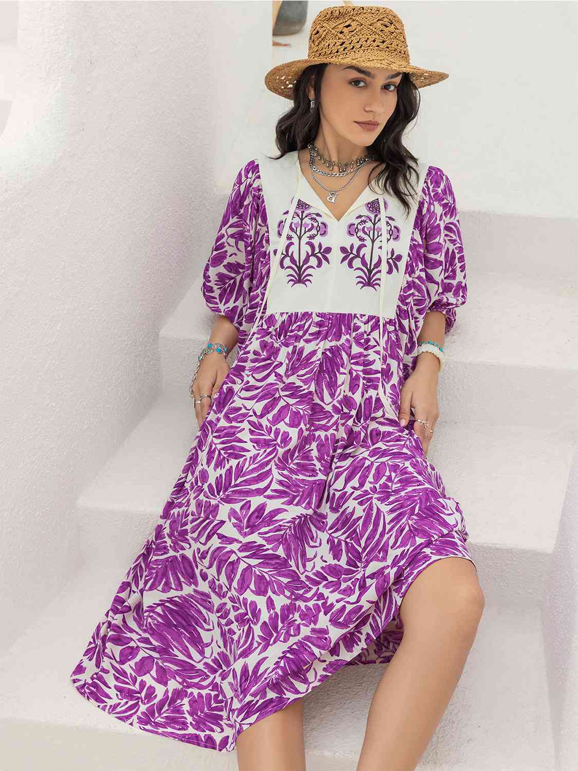 Printed Tie Neck Midi Dress [Spirit and Rebel] Heliotrope Purple S 