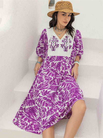 Printed Tie Neck Midi Dress [Spirit and Rebel] Heliotrope Purple S 