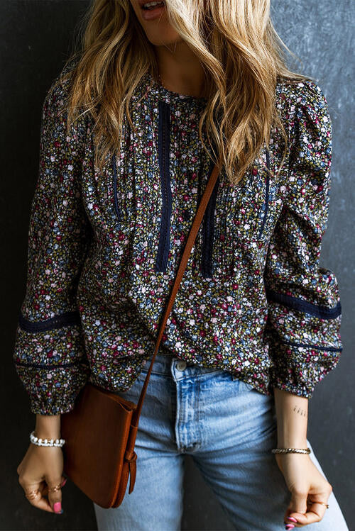 Boho Chic  Heathered Round Neck Long Sleeve Blouse [Spirit and Rebel] Multicolor S 