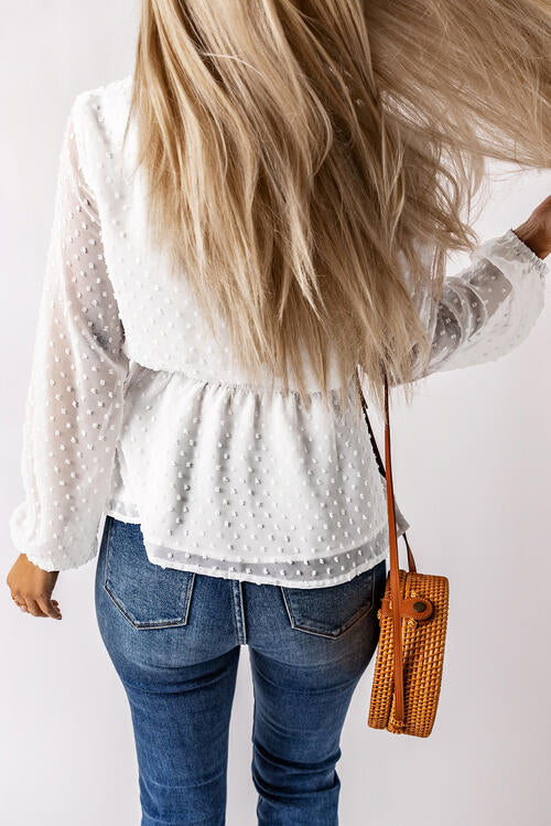 Boho Chic  Ruffle Trim Drawstring Long Sleeve Blouse [Spirit and Rebel]   