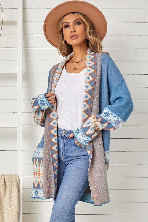 Boho Chic  Geometric Open Front Long Sleeve Cardigan [Spirit and Rebel] Misty  Blue S 