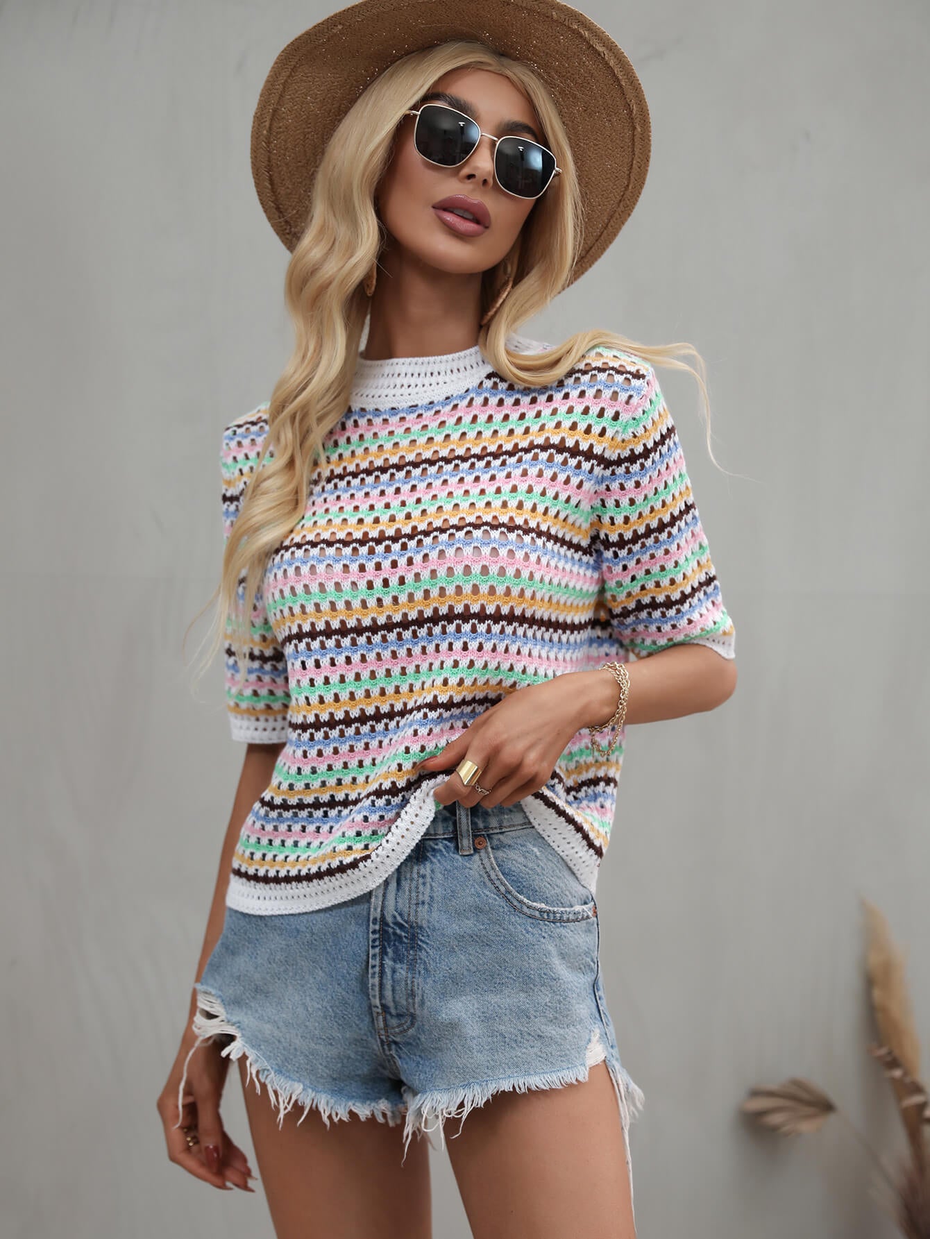 Bohemian Striped Openwork Half Sleeve Knit Top [Spirit and Rebel]   