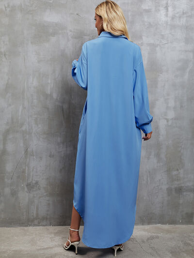 Button Up Dropped Shoulder Roll-Tab Sleeve Dress [Spirit and Rebel]   