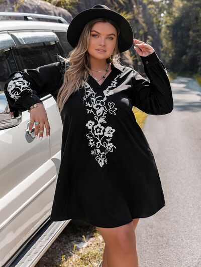 Boho Plus Size Embroidered Long Sleeve Mini Dress [Spirit and Rebel] Black 0XL 