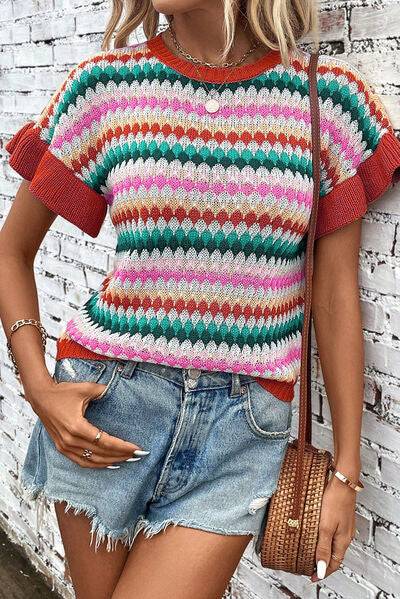 Striped Round Neck Short Sleeve Sweater [Spirit and Rebel]   