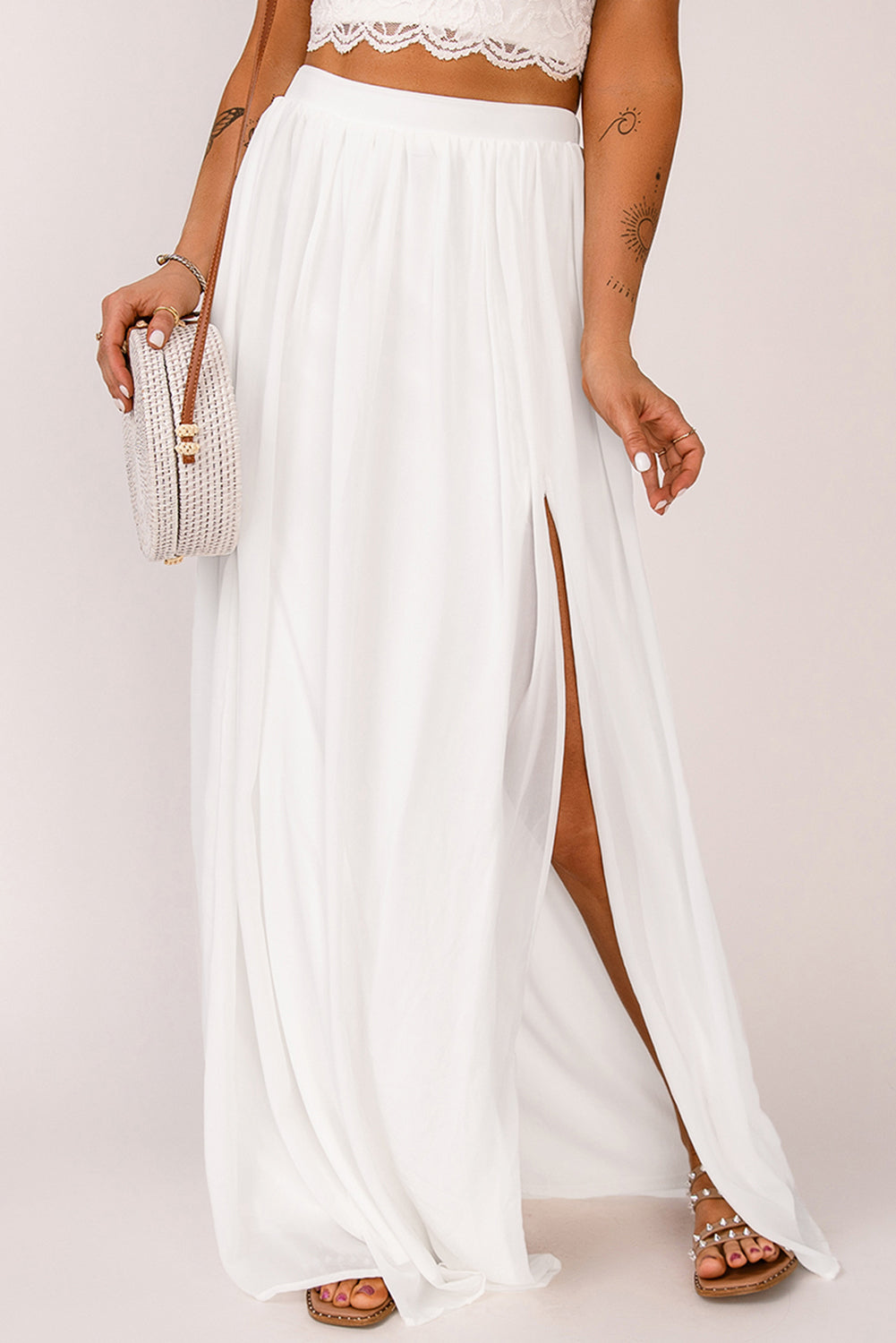 Elastic Waistband Split Boho White Maxi Skirt [Spirit and Rebel] White S 