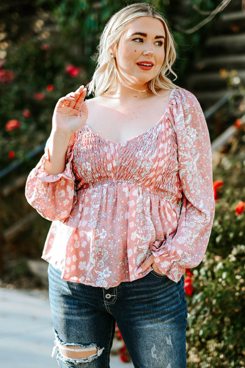 Plus Size Floral Smocked Flounce Sleeve Boho Blouse [Spirit and Rebel]   