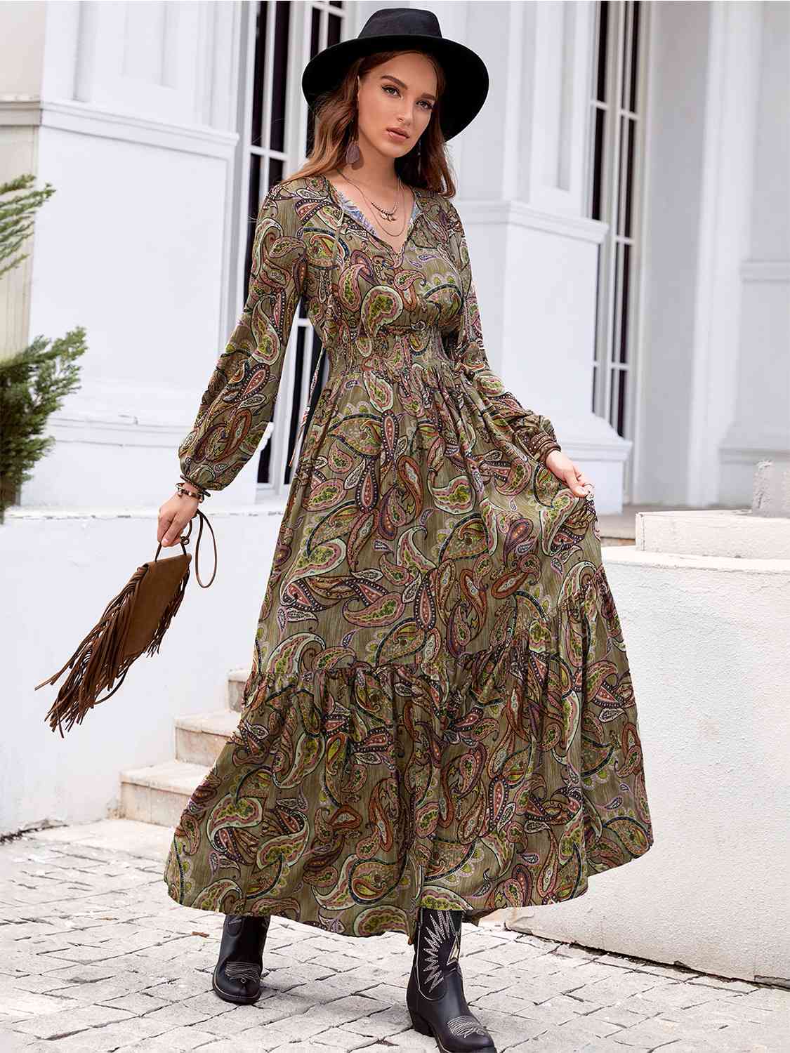 Printed Tie Neck Ruffle Hem Long Sleeve Dress [Spirit and Rebel]   