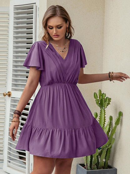 Double Take Plus Size Ruffle Hem V-Neck Short Sleeve Dress [Spirit and Rebel] Dusty Purple 0XL 