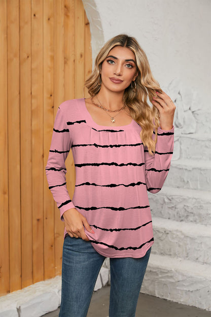 Printed Square Neck Long Sleeve Blouse [Spirit and Rebel] Carnation Pink S 