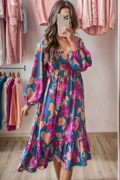 Square Neck Balloon Sleeve Boho Midi Dress [Spirit and Rebel] Hot Pink S 