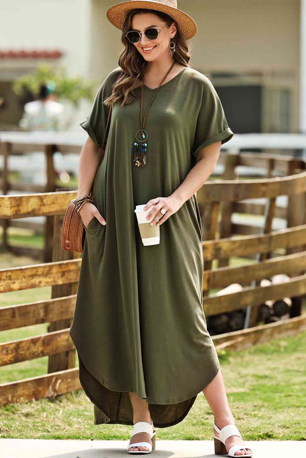 Boho Chic Plus Size V-Neck Short Sleeve Maxi Dress [Spirit and Rebel]   