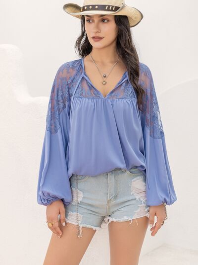 Lace Detail Tie Neck Balloon Sleeve Blouse [Spirit and Rebel]   