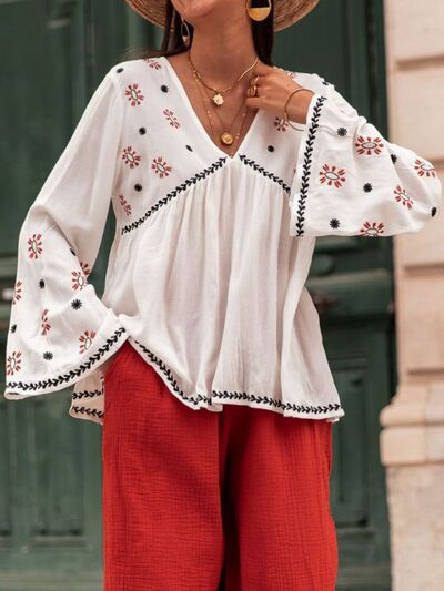 Embroidered V-Neck Long Sleeve Boho Blouse [Spirit and Rebel]   