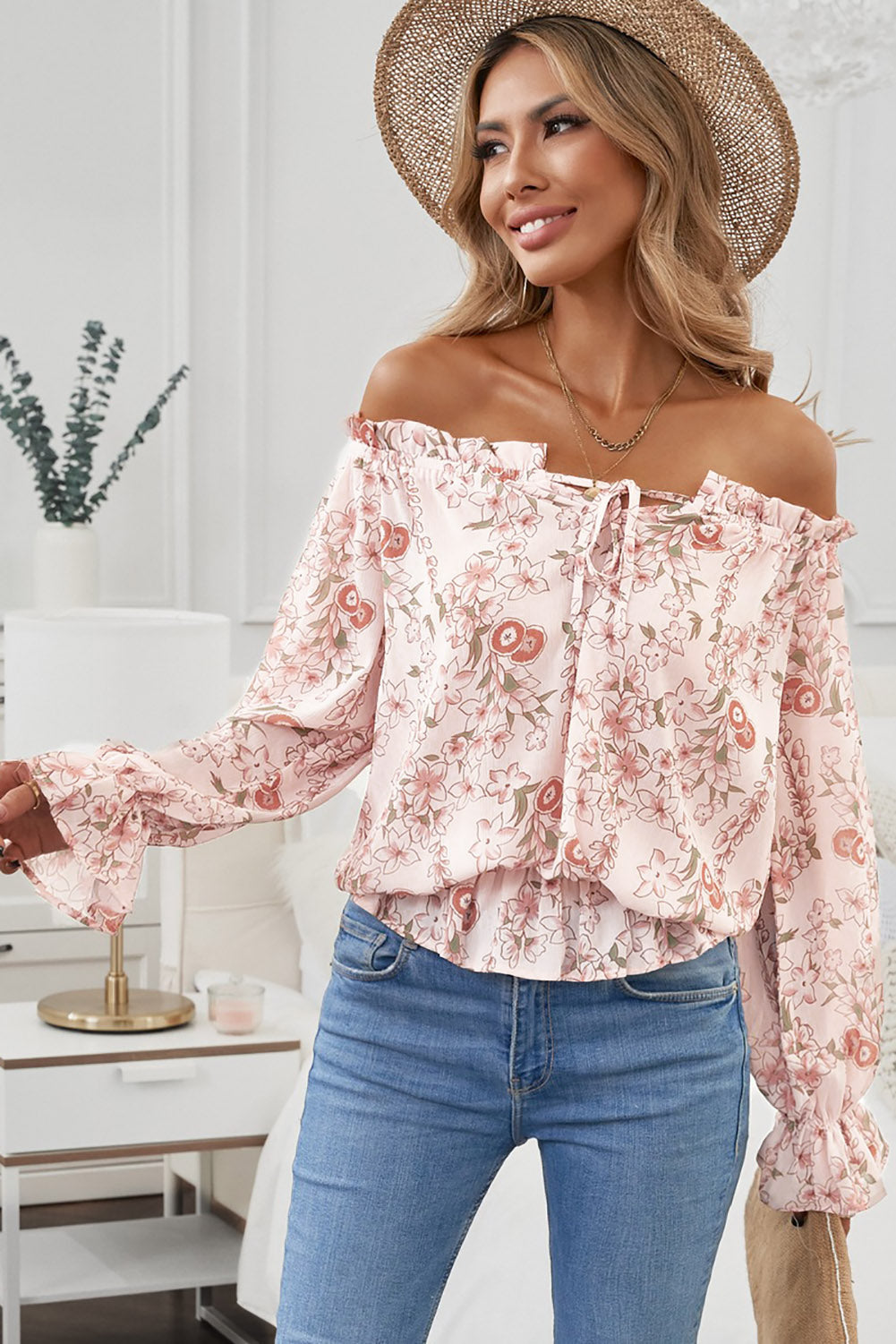 Boho Floral Flounce Sleeve Frilled Off-Shoulder Blouse Hippie Clothes [Spirit and Rebel]   