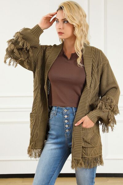 Cable-Knit Fringe Pocketed Cardigan [Spirit and Rebel]   