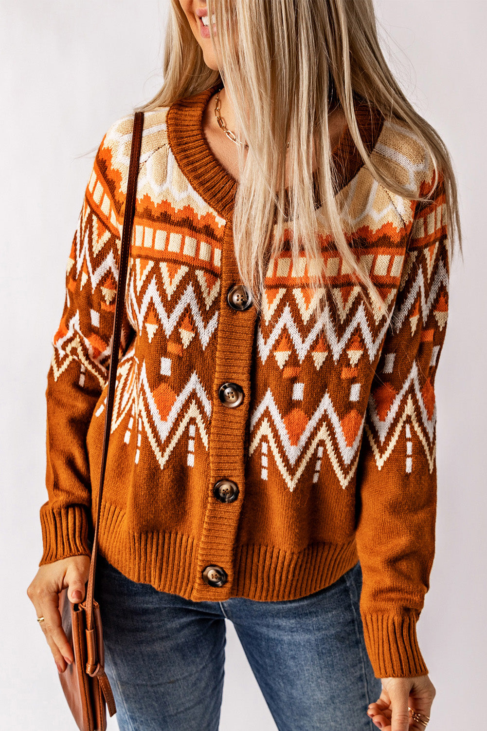 Geometric Button Down Round Neck Cardigan [Spirit and Rebel] Ochre M 