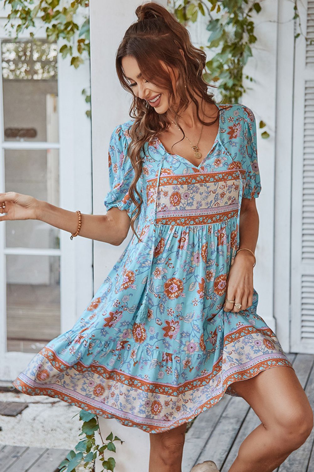 Tie Neck Short Sleeve Mini Dress [Spirit and Rebel]   