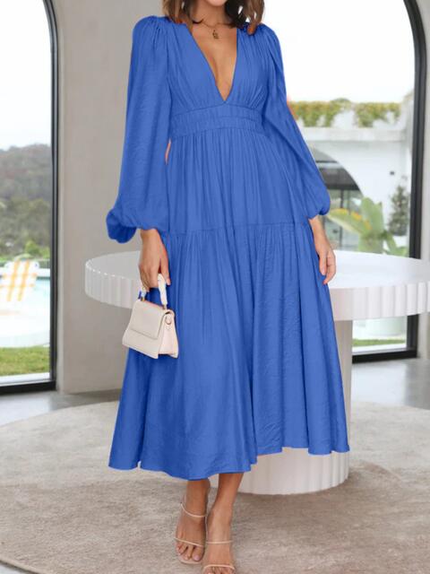 Deep V-Neck Balloon Sleeve Plain Maxi Dress [Spirit and Rebel] Cobalt Blue S 