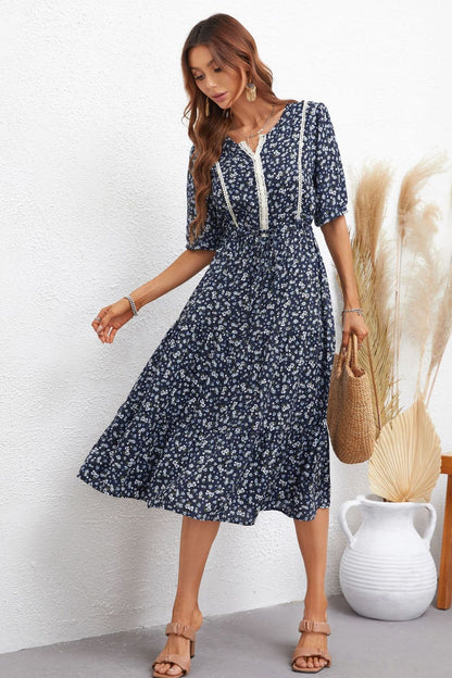 Floral Notched Neck Lace Trim Midi Dress [Spirit and Rebel]   