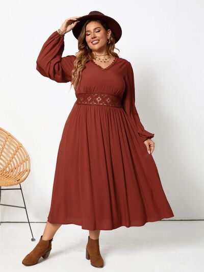 Plus Size Lace Detail V-Neck Balloon Sleeve Dress [Spirit and Rebel] Chestnut 0XL 