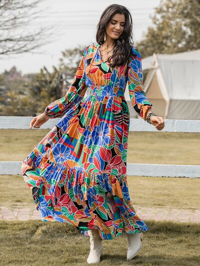 Printed Smocked Tie Neck Balloon Sleeve Maxi Dress [Spirit and Rebel]   