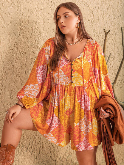 Plus Size Floral Tie Neck Balloon Sleeve Romper [Spirit and Rebel]   